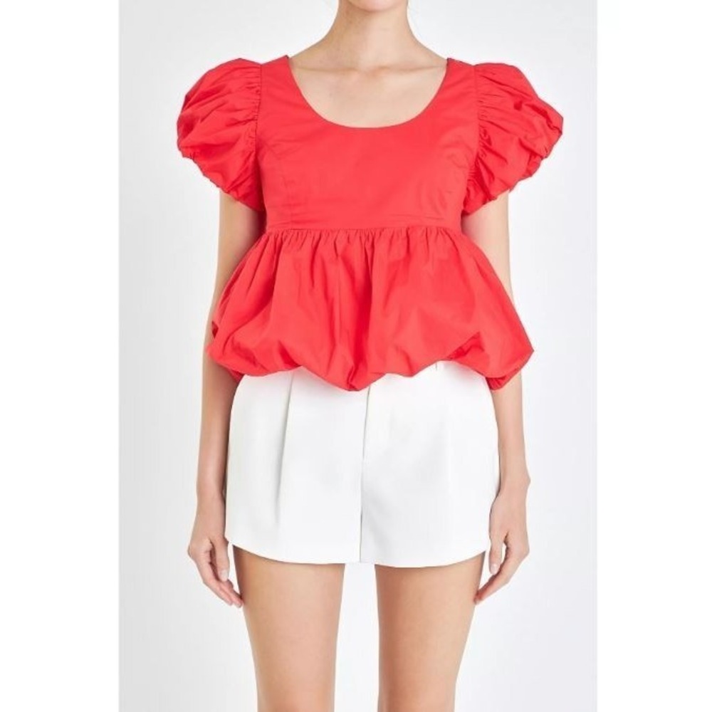 English Factory Size M Bubble Hem Puff Sleeve Top Red Cotton Edgy Babydoll